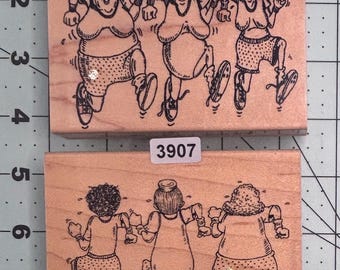 People Ladies friends jogging front and back facing Vintage Wood mounted Rubber Stamps