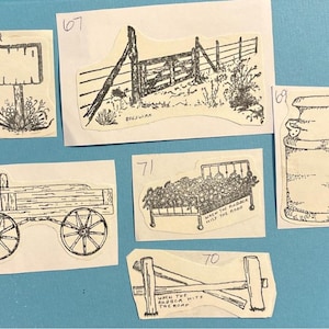 May include: A collection of ten vintage black and white illustrations on white paper. The illustrations depict a wooden gate, a bed, a milk jug, a wagon, and a sign. The illustrations are numbered 67, 68, 69, 70, 71, and 72.