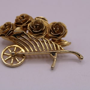 Brooks Vintage Wheelbarrow of flowers Gold Brooch