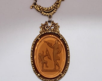 Vintage Goldette Goldtone Cupid and Venus Intaglio Glass Pendant Necklace - Signed