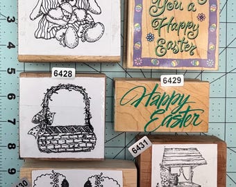 Easter Sheep Basket Bunny Verbiage Wood Mounted Rubber Stamps Vintage