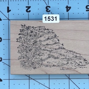 May include: A wooden stamp featuring a detailed illustration of a stone path winding through foliage. The design includes a cluster of flowers and grassy areas, all rendered in black ink. The number "1531" is printed on a white sticker.