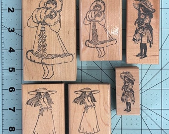 PEOPLE / Girls - Wood mounted Rubber Stamps Vintage