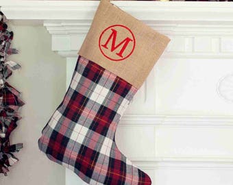 Personalized Plaid and Burlap Stocking - Burlap Stocking - Plaid Stocking