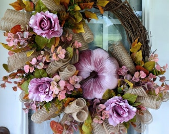 Fall Wreath for Front Door, Harvest Decor for Front Porch, Pink Velvet Pumpkin Wreath, Thanksgiving Wreath, Welcome Wreath, Christmas Gift