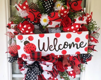 Welcome Wreath Ladybug Wreath for the Front Door Porch Decor Ladybug Garden Shed Decor Ladybug Collector gift Everyday Farmhouse Wreath
