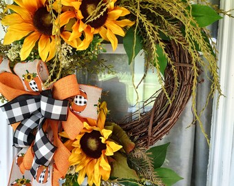 Fall Wreath for Front Door, Thanksgiving Wreath, Pumpkins Wreath, Sunflowers Home Decor, Harvest Decor, Christmas Gift, Welcome Wreath