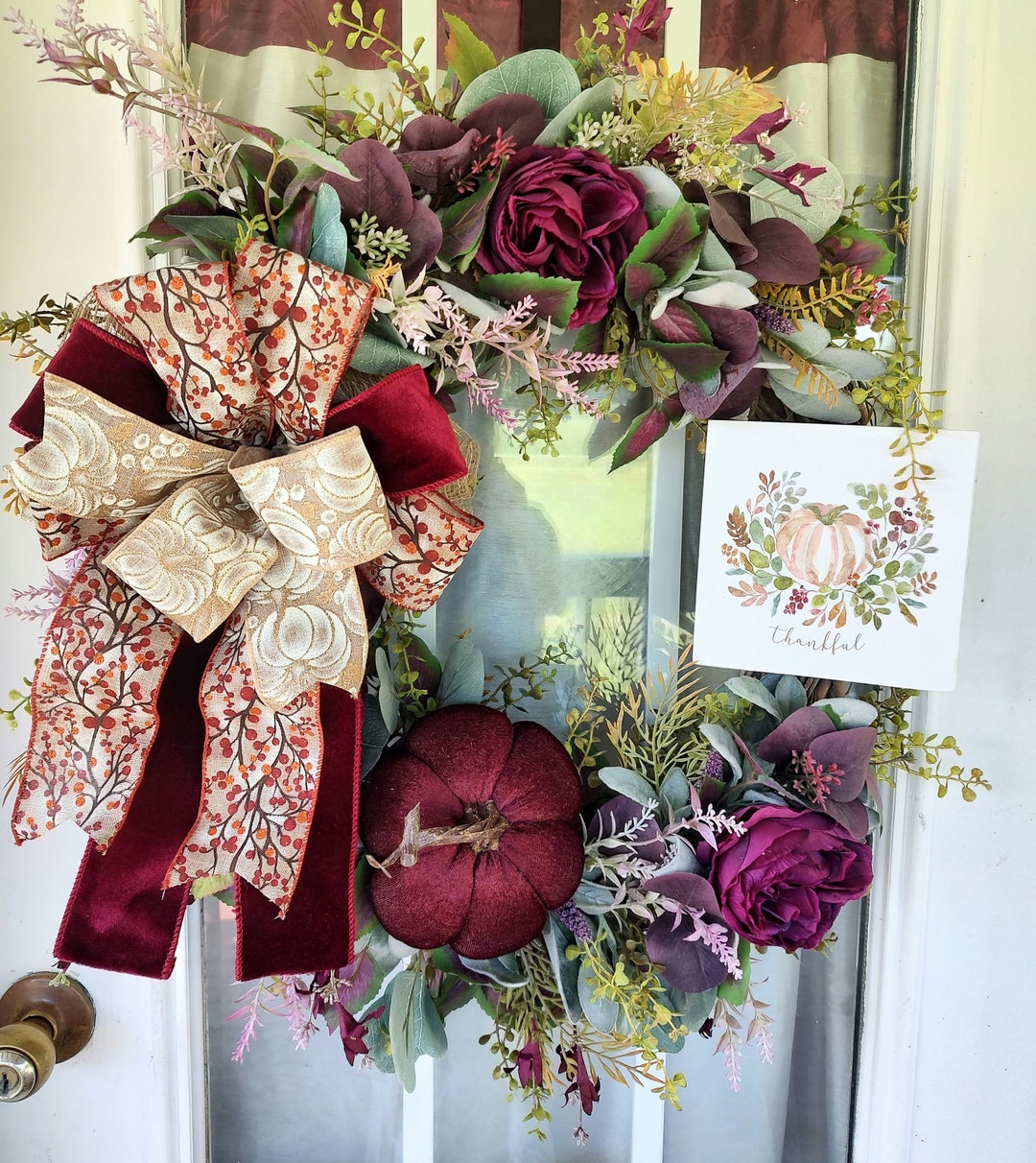 Fall Wreath for Front Door Burgundy Velvet Pumpkin - Etsy