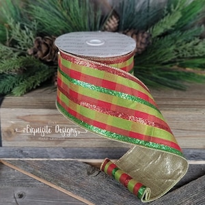 10 yards, 4 Inch Wired Ribbon, Wired Ribbon, Designer&#39;s Ribbon, Plaid Wired Ribbon, Glitzy Plaid Ribbon, Red Green Ribbon, Wreath Supplies