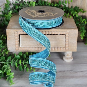 5 yards, 1 Inch Wired Ribbon, Metallic Dupion, Blue Jewel Center, Malibu Blue, Wreath Supplies, D. Stevens