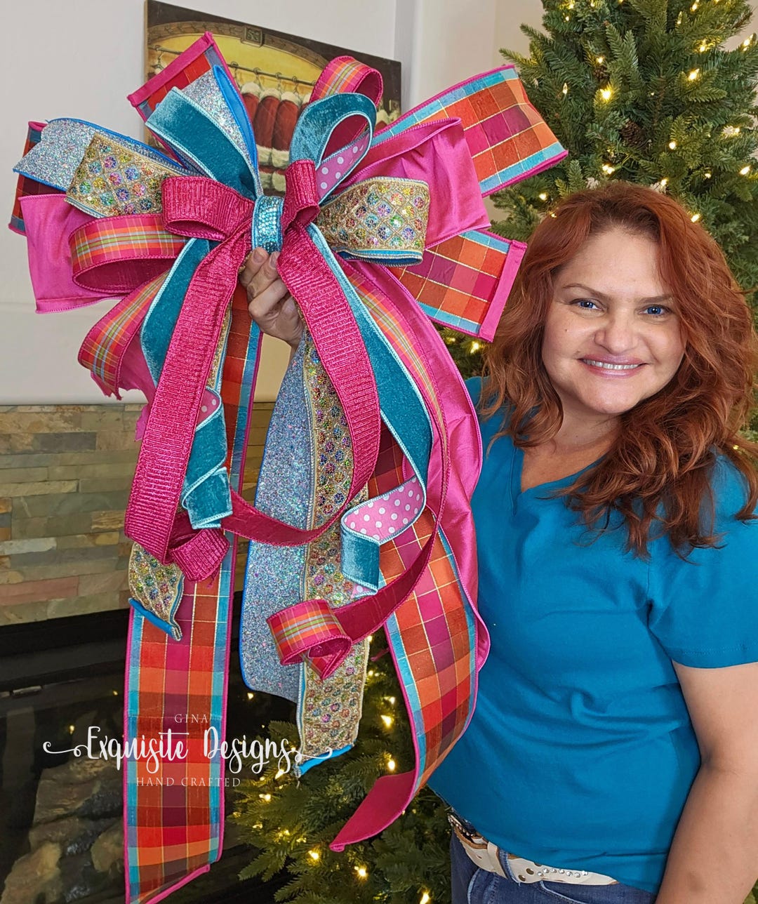 Christmas Bow, Tree Topper Bow, Pink & Blue Bow, Wreath Bow - Etsy