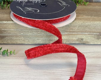 10 yards, 1 Inch Wired Ribbon, Plush Chenille, Red Ribbon, Wreath Supplies, Farrisilk