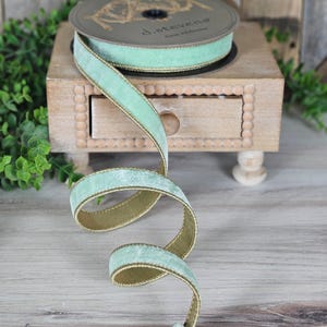 10 yards, 1 Inch Wired Ribbon, Velvet Ribbon, Mint Ribbon, Gold Back, Wreath Supplies, D. Stevens Ribbon