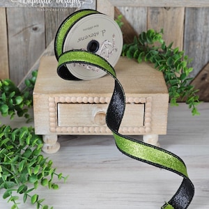 10 yards, 1 Inch Wired Ribbon, Glitter Black Edge, Chartruse, Wreath Supplies, D. Stevens