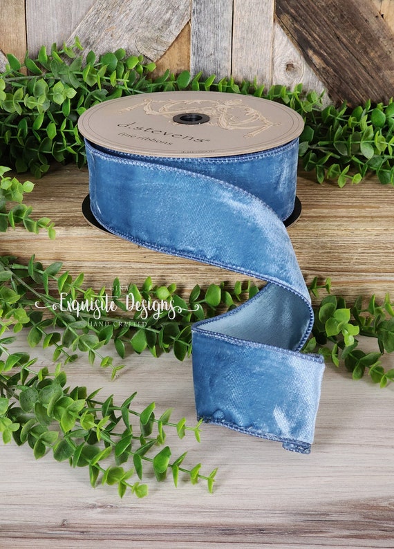 DINDOSAL Dusty Blue Velvet Ribbon Wired 1.5 x 10 Yards Blue Christmas  Wired Ribbon with Silver Metallic Back Silver Blue Wired Ribbon for  Wreaths