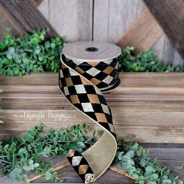 10 yards, 2.5 Inch Ribbon, Harlequin Ribbon, Black and Gold Ribbon, Velvet Ribbon, Metallic Harlequin, Wreath Supplies, D. Stevens