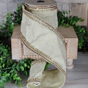 5 yards, 4 Inch Wired Ribbon, Linen Gold Jewel side Trim, Natural, Wreath Supplies, D. Stevens