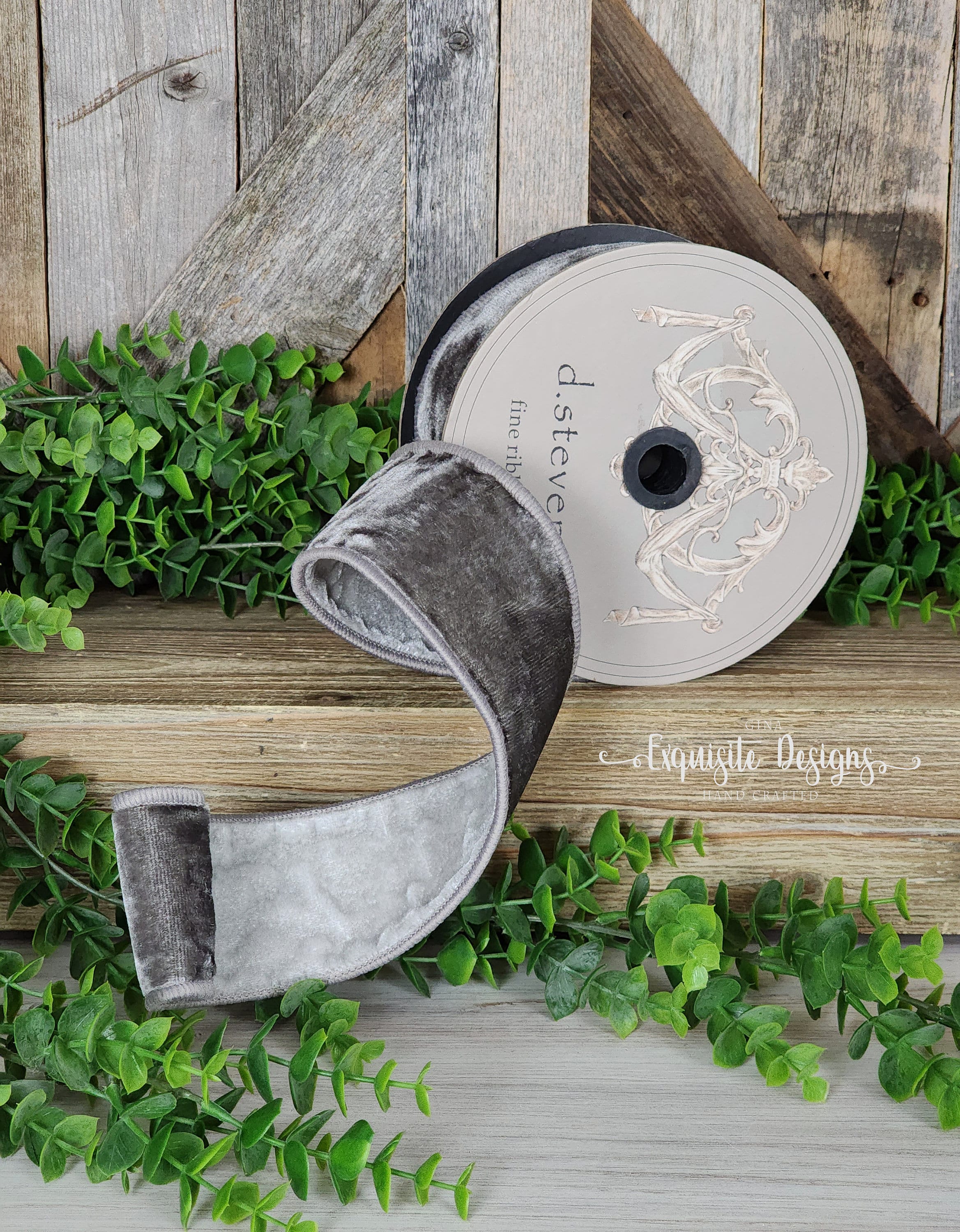 10 Yards, 2.5 Inch Wired Ribbon, Double Sided Velvet Ribbon, Silver & Grey  Ribbon, Wreath Supplies, Designer's Ribbon, D. Stevens 