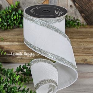 4 X 5YD White Velvet Ribbon With Ebroidered Jewels & Silver Back