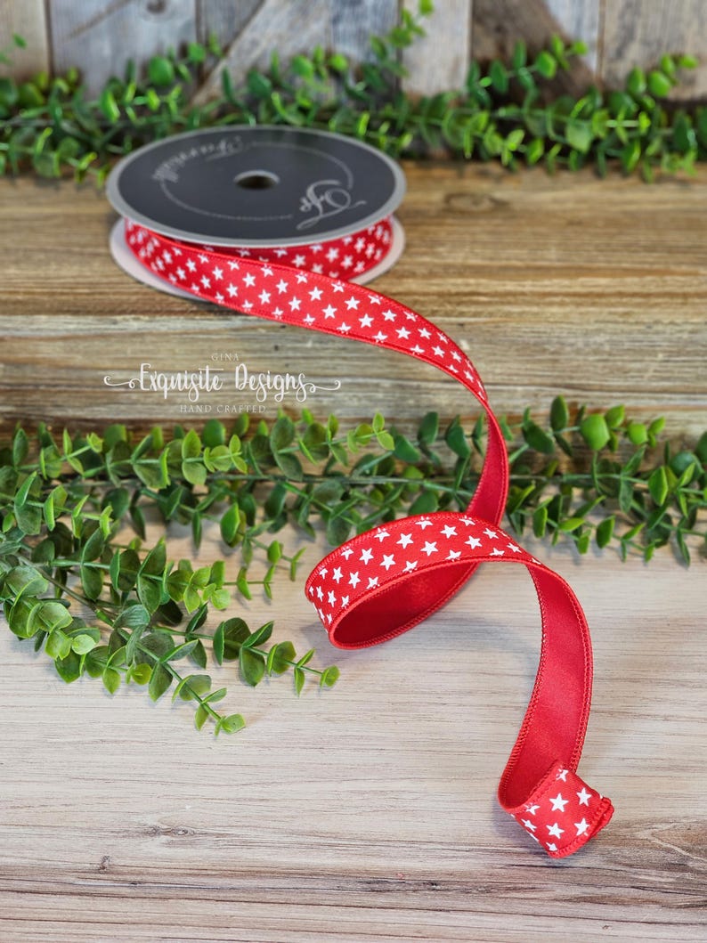 10 Yards, 1 Inch Wired Ribbon, 4th of July Ribbon, Stars Ribbon, Red ...