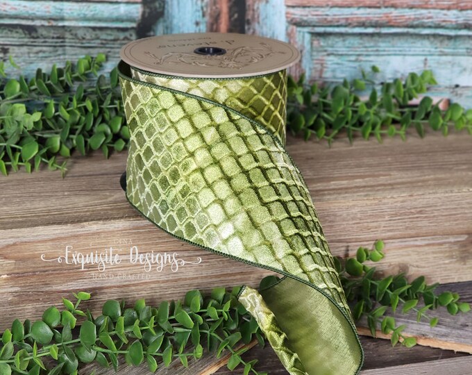 10 Yards, 4 Inch Wired Ribbon, Velvet Ribbon, Green Ribbon, Designer's ...