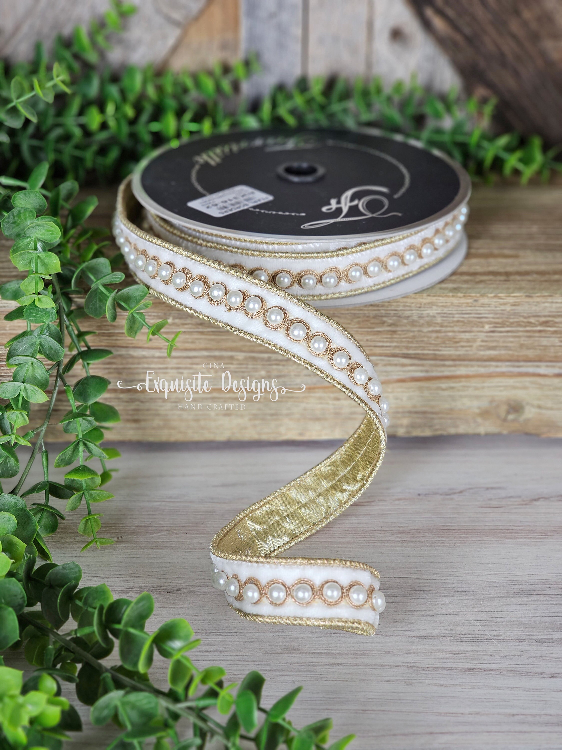 4 X 5YD Red Velvet Ribbon With Gold & Pearl Center