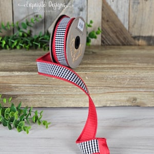 10 yards, 1 Inch Wired Ribbon, Mini Checks Ribbon, Red, Black and White Ribbon, D Stevens