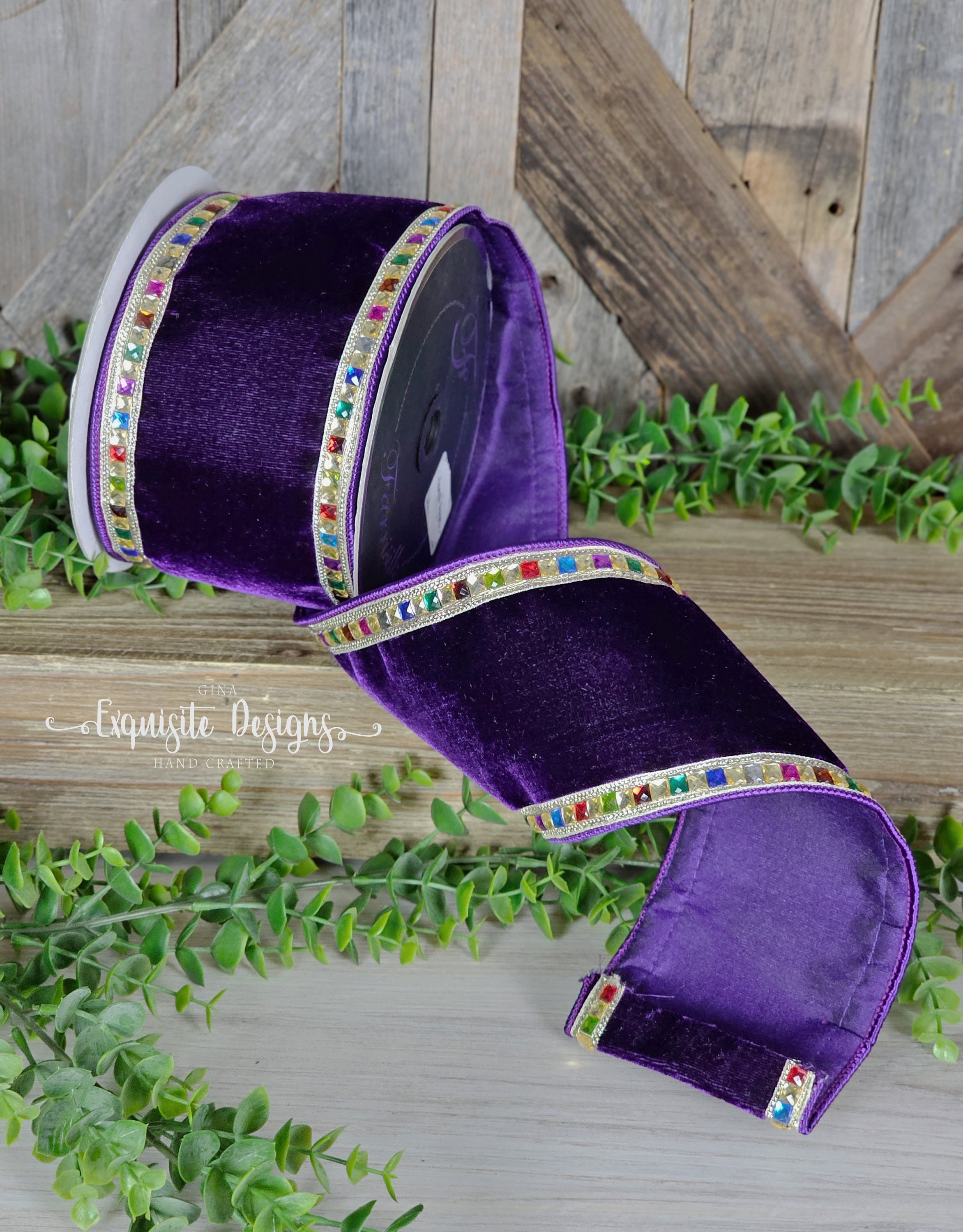 5 Yards, 4 Inch Wired Ribbon, Velvet Ribbon, Purple, Jeweled Ribbon,  Designer's Ribbon, Wreath Supplies, Wreath Embellishment 