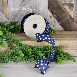 10 yards, 1.5 Inch Wired Ribbon, Navy Blue Ribbon, White Dots Ribbon, Spring Ribbon, Wreath Supplies