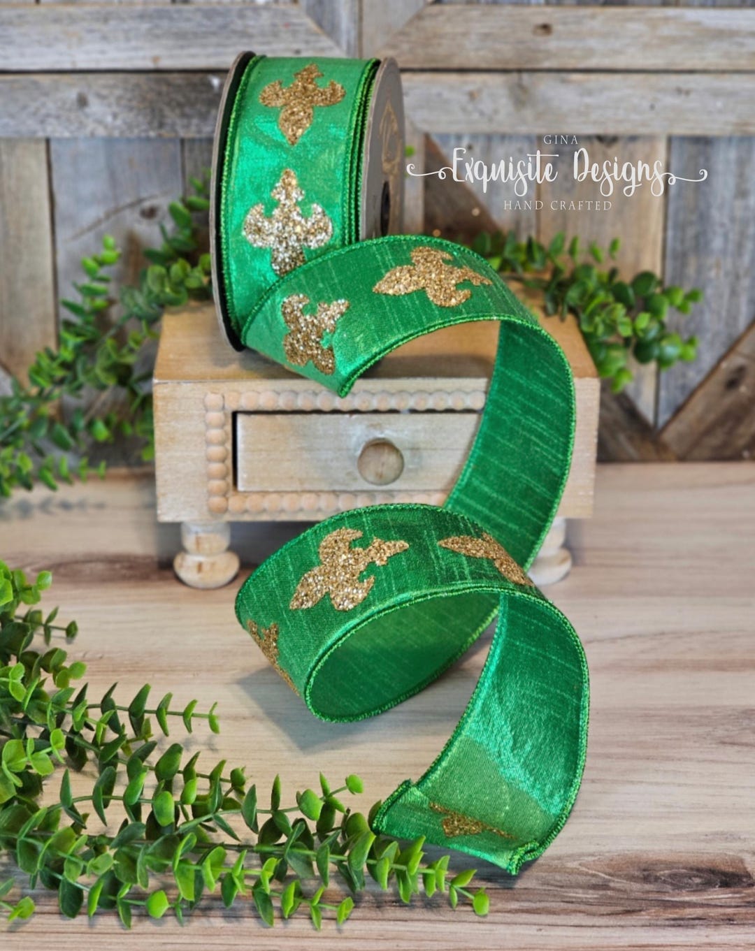 Sweetgrass Ribbon 10 Yards, 2.5 Inch Wired Ribbon, Mardi Gras, Fleur De Lis, Green & Gold ...