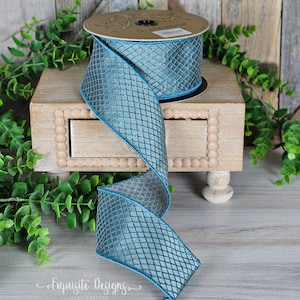 10 yards, 2.5 Inch Ribbon, Jacquard Harlequin Ribbon, Dusty Blue ribbon, Wreath Supplies, D. Stevens