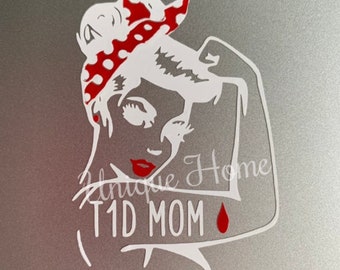 Type 1 Diabetic Rosie the Riveter vinyl decal with phrase choice. T1D laptop decals.