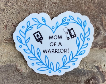 T1D Mom of a Warrior Sticker: Blue Floral Heart