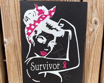 Rosie the Riveter breast cancer survivor vinyl decal. Pink awareness car decal.