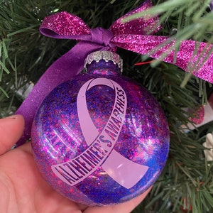 Alzheimers Awareness Purple Disc Ornament | Shatterproof Alzheimers Awareness Ornament | Purple Ribbon Ornament| Purple Glitter Ornament