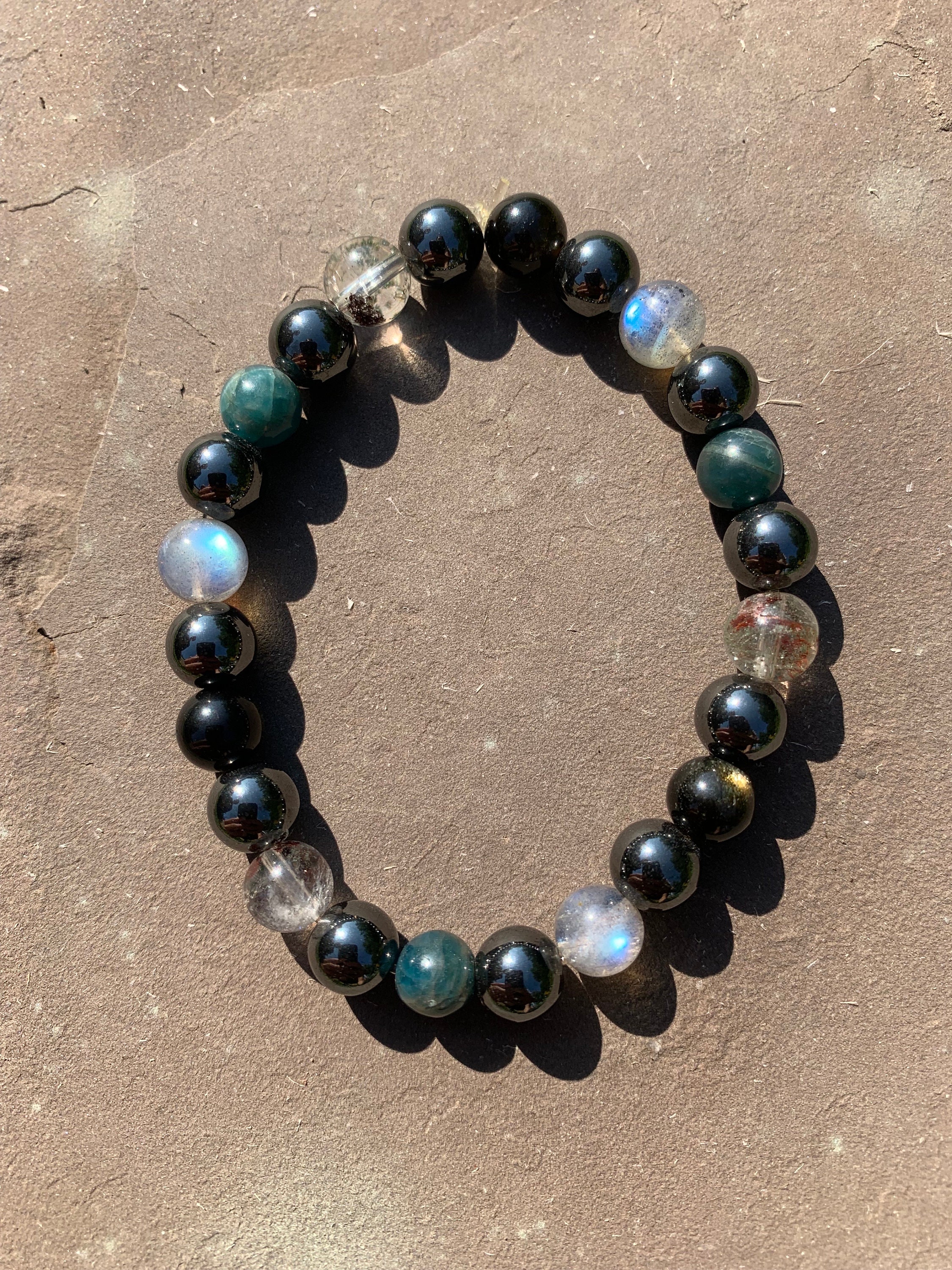 8mm Higher connection bracelet. Labradorite, Blue Apatite, Shamanic Quartz  and Goldsheen Obsidian with magnetic Hematite