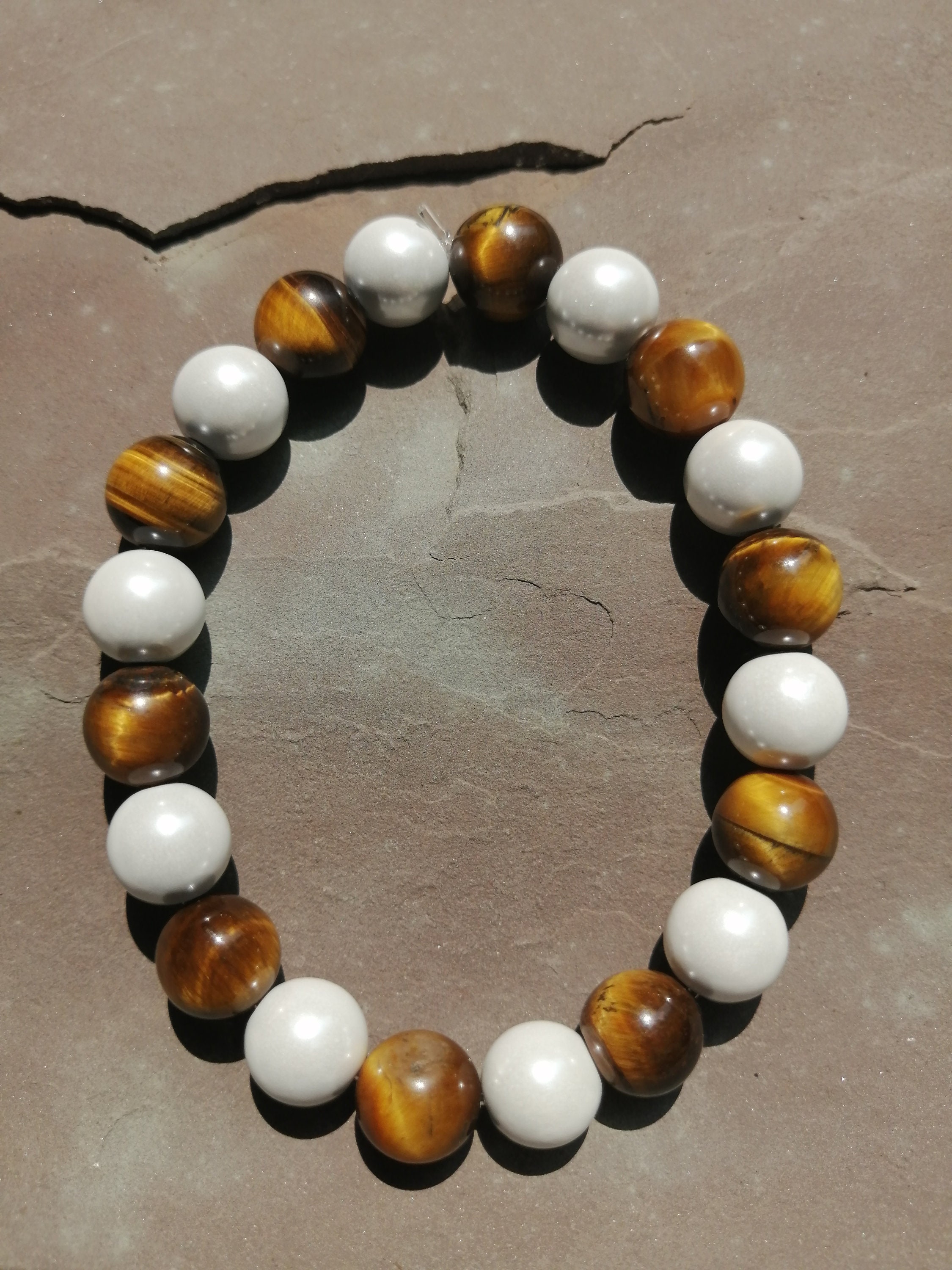 Gold Tigers eye Bracelet with Pearl white Hematite Etsy