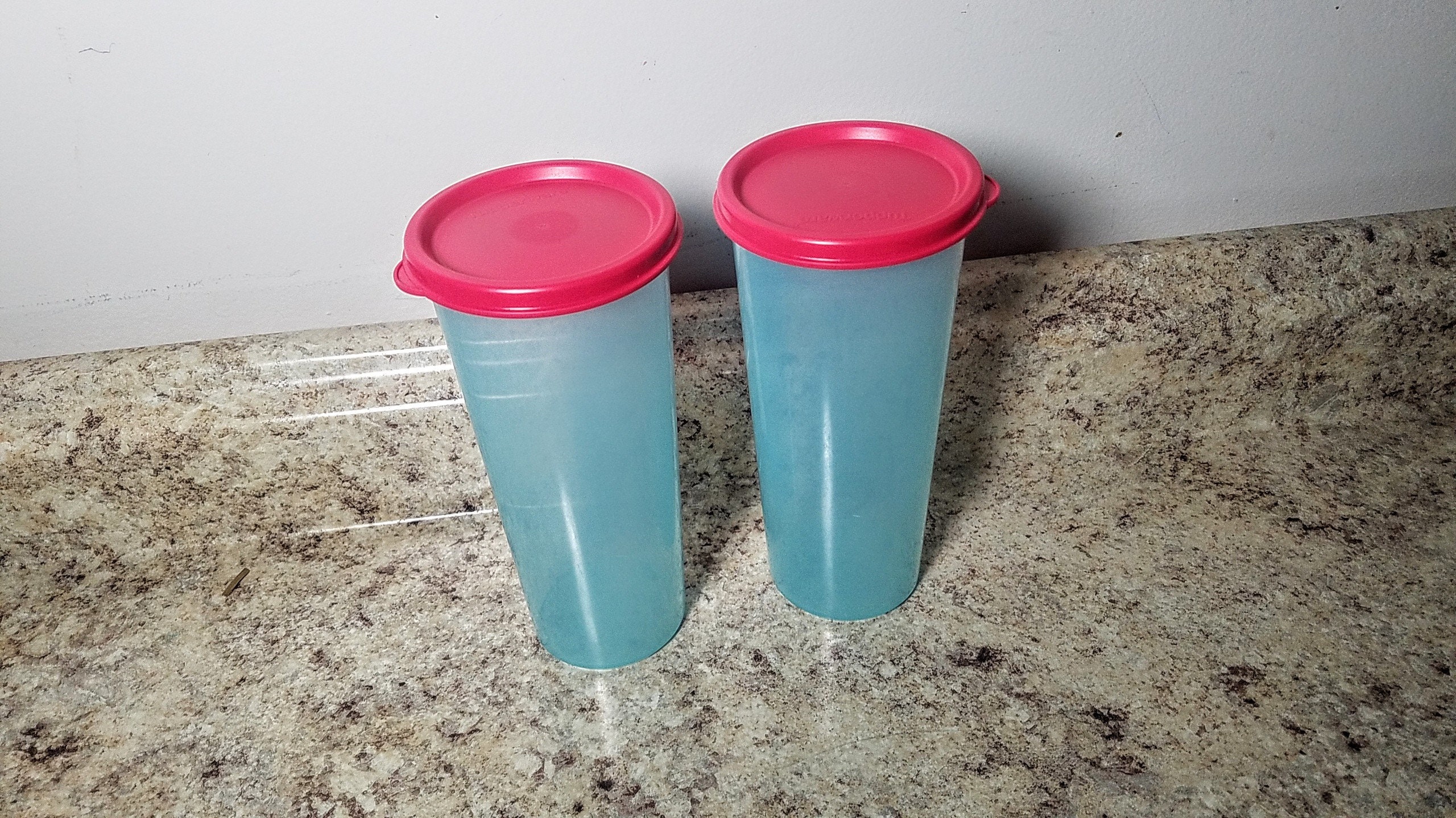 New Tupperware 16 oz plastic Glass With Lid set up for
