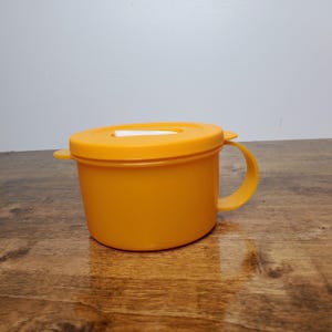 May include: An orange plastic container with a lid and handle. The container is a bright, solid orange color. The lid has a white rectangular opening. The handle is curved and attached to the side of the container.