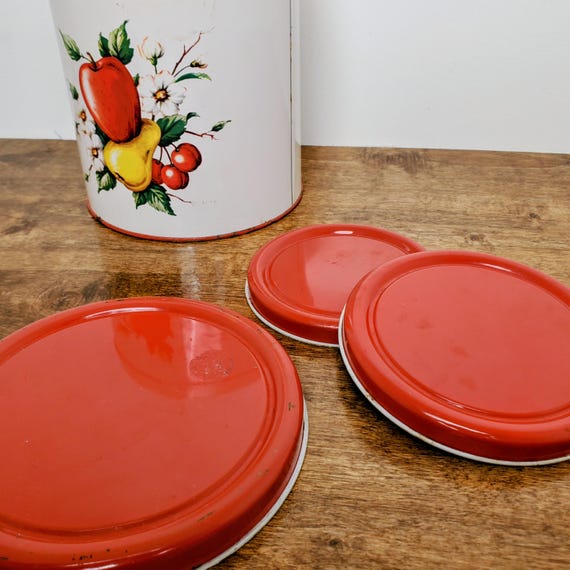 Vintage MCM 1950s Decoware Apple Pear Tin Canister Set Farmhouse