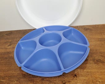 Vintage Tupperware 1665 Divided Serving Tray Blue White Lid Veggie