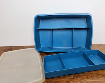 Tupperware Tuppercraft 3 Pc Divided Craft Box Tray #767 Blue Vintage Organizer