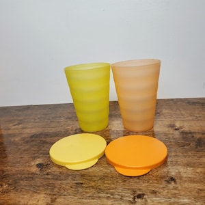 Vintage Tupperware Impressions Tumblers 16 oz Set of 2 Orange & Yellow Cups w/ Lids Stackable #3515