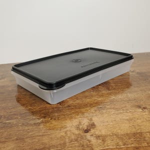 May include: A clear plastic rectangular storage container with a black lid. The lid has a small circle in the center and the word "remarkable" printed on it.