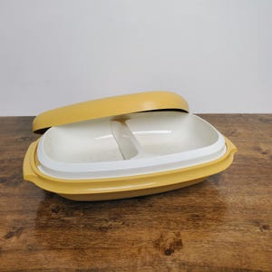 Vintage Tupperware Microwave Rice & Vegetable Steamer Server Harvest Gold 1273 1275, 4-Piece Set”