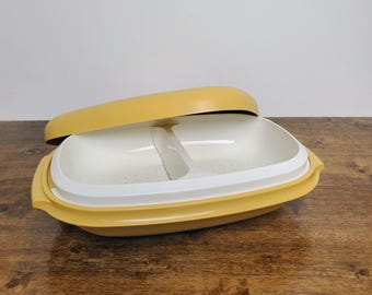 Vintage Tupperware Microwave Rice & Vegetable Steamer Server Harvest Gold 1273 1275, 4-Piece Set”
