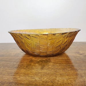 Carnival Glass Bowl 9" Marigold Iridescent Basket Weave Sawtooth Edge Vintage