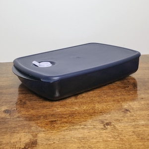 May include: A dark blue rectangular plastic container with a lid and a small purple latch. The container is on a wooden surface.