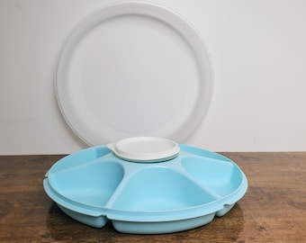 Vintage Tupperware 1665 Divided Serving Tray Blue White Lid Veggie