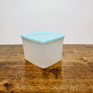 May include: A square, translucent plastic container with a light blue lid. The container is sitting on a wooden surface. The lid has a slightly raised center. The container is likely used for food storage.